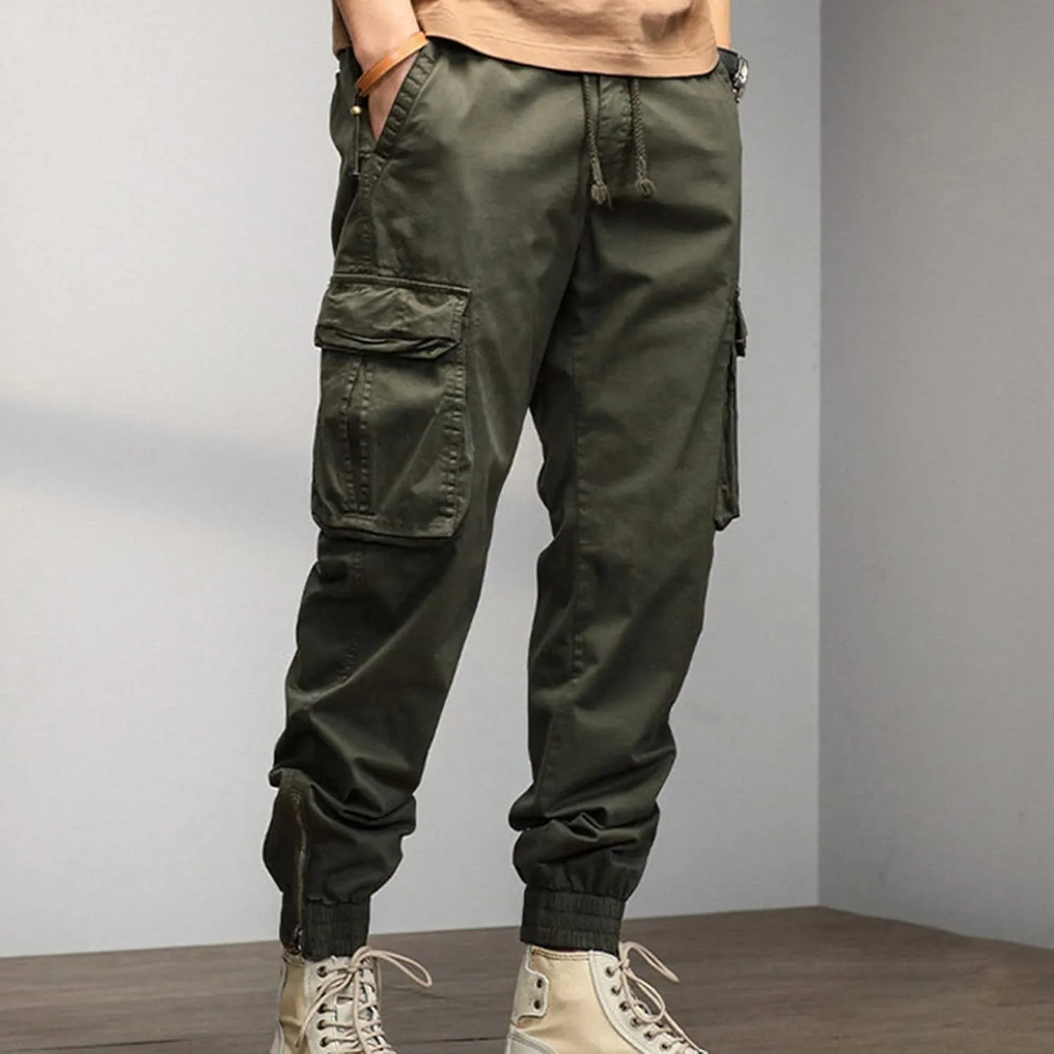 Cargo Pants for Men Big and Tall, Streetwear Khaki Baggy Pants with Zipper Pockets Men Outdoor Cargo Pant Relaxed Fit