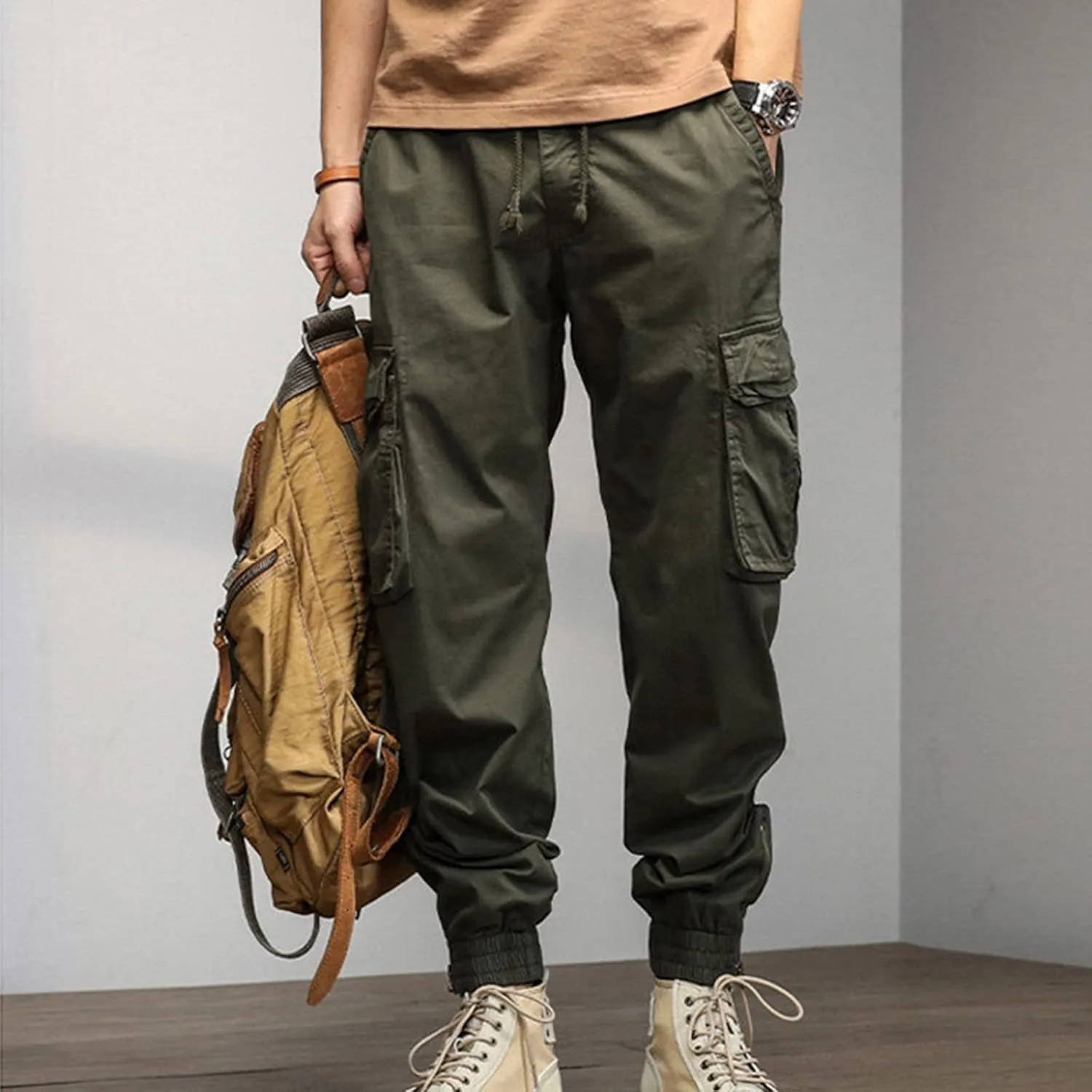 Cargo Pants for Men Big and Tall, Streetwear Khaki Baggy Pants with Zipper Pockets Men Outdoor Cargo Pant Relaxed Fit