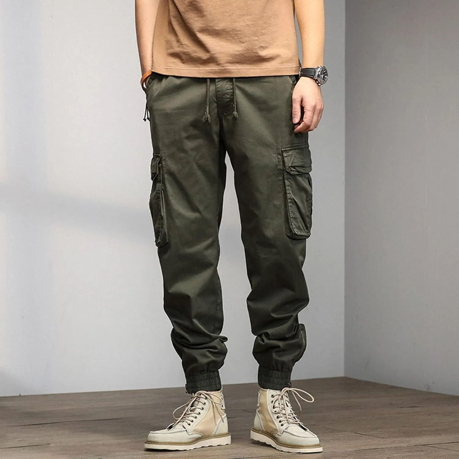 Cargo Pants for Men Big and Tall, Streetwear Khaki Baggy Pants with Zipper Pockets Men Outdoor Cargo Pant Relaxed Fit