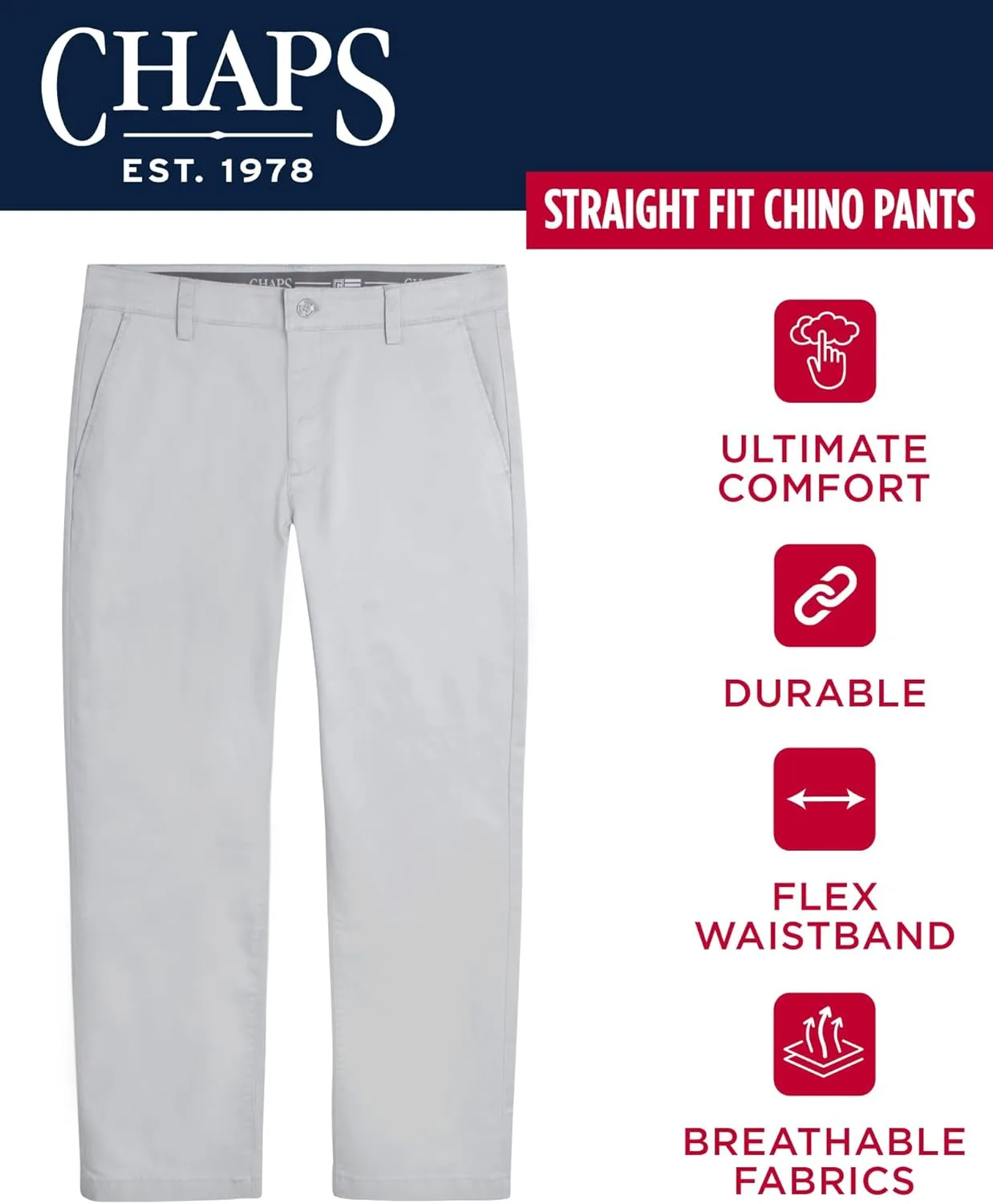 Chaps Men's Pants - Straight Fit 5-Pocket Comfort Stretch Chino Pants for Men - Men's Fashion Straight Leg Cotton Chinos