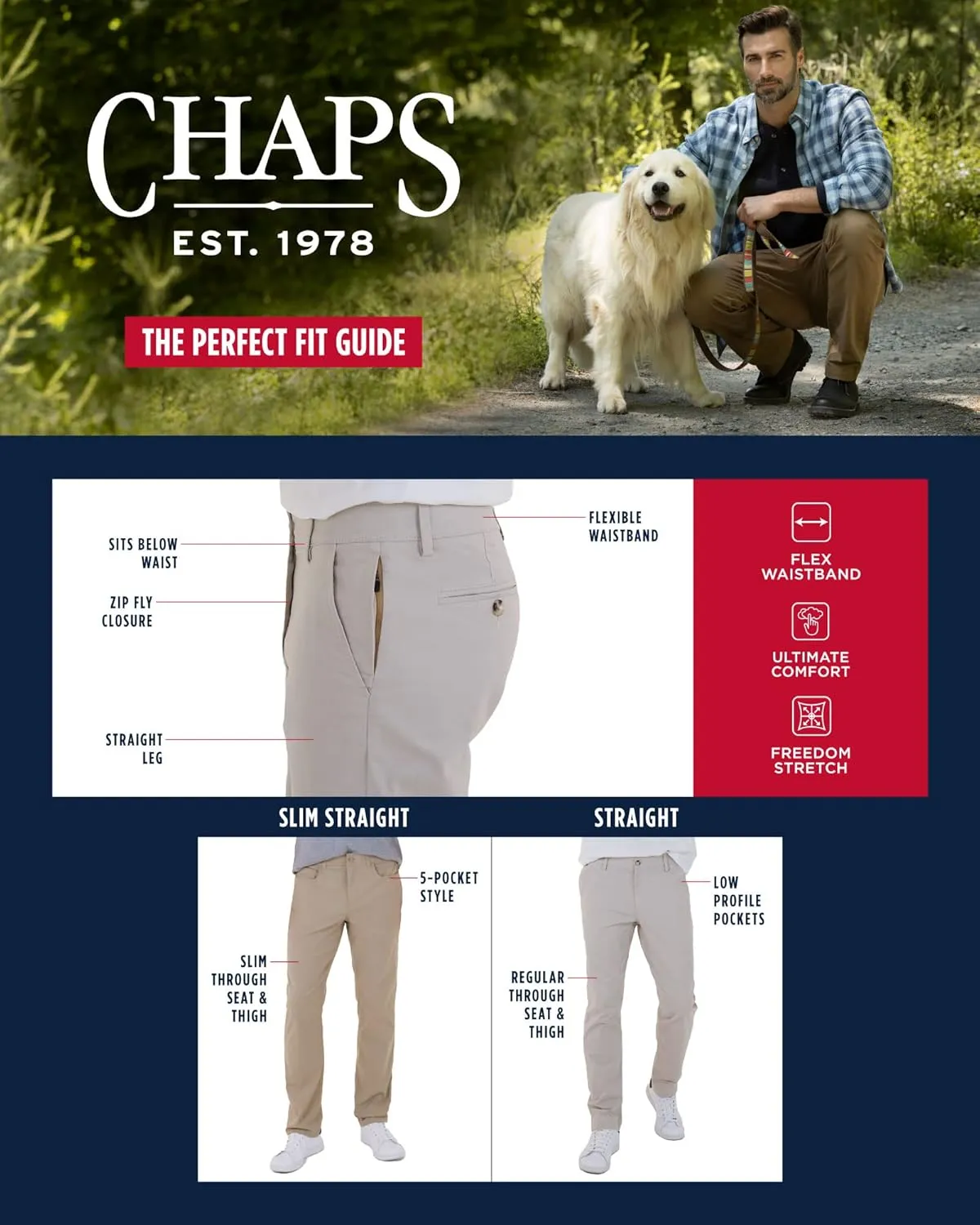 Chaps Men's Pants - Straight Fit 5-Pocket Comfort Stretch Chino Pants for Men - Men's Fashion Straight Leg Cotton Chinos