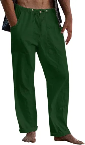Classic Linen Pants for Men Loose Fit Wide Leg Drawstring Trousers Elastic Waist Summer Travel Beach Shorts with Pockets