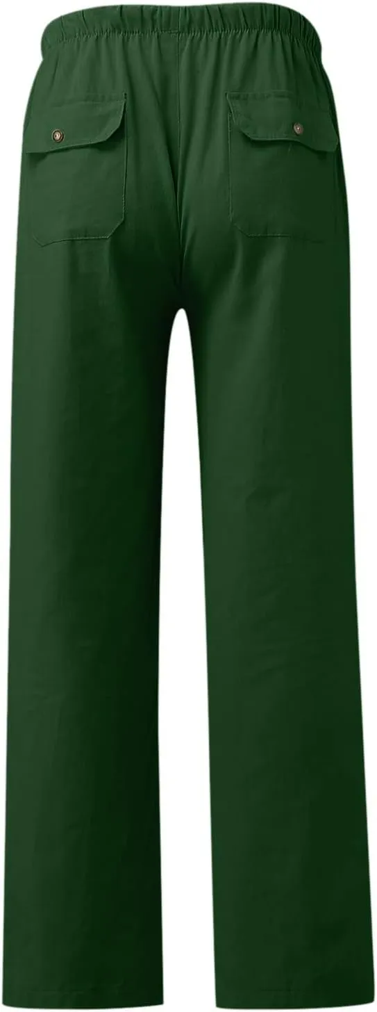 Classic Linen Pants for Men Loose Fit Wide Leg Drawstring Trousers Elastic Waist Summer Travel Beach Shorts with Pockets