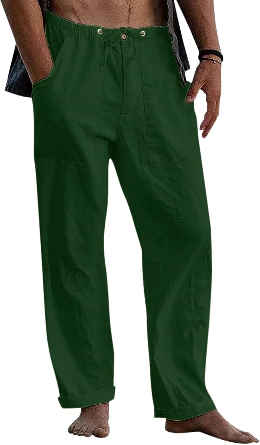 Classic Linen Pants for Men Loose Fit Wide Leg Drawstring Trousers Elastic Waist Summer Travel Beach Shorts with Pockets