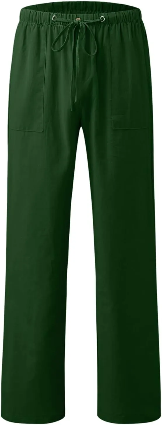 Classic Linen Pants for Men Loose Fit Wide Leg Drawstring Trousers Elastic Waist Summer Travel Beach Shorts with Pockets