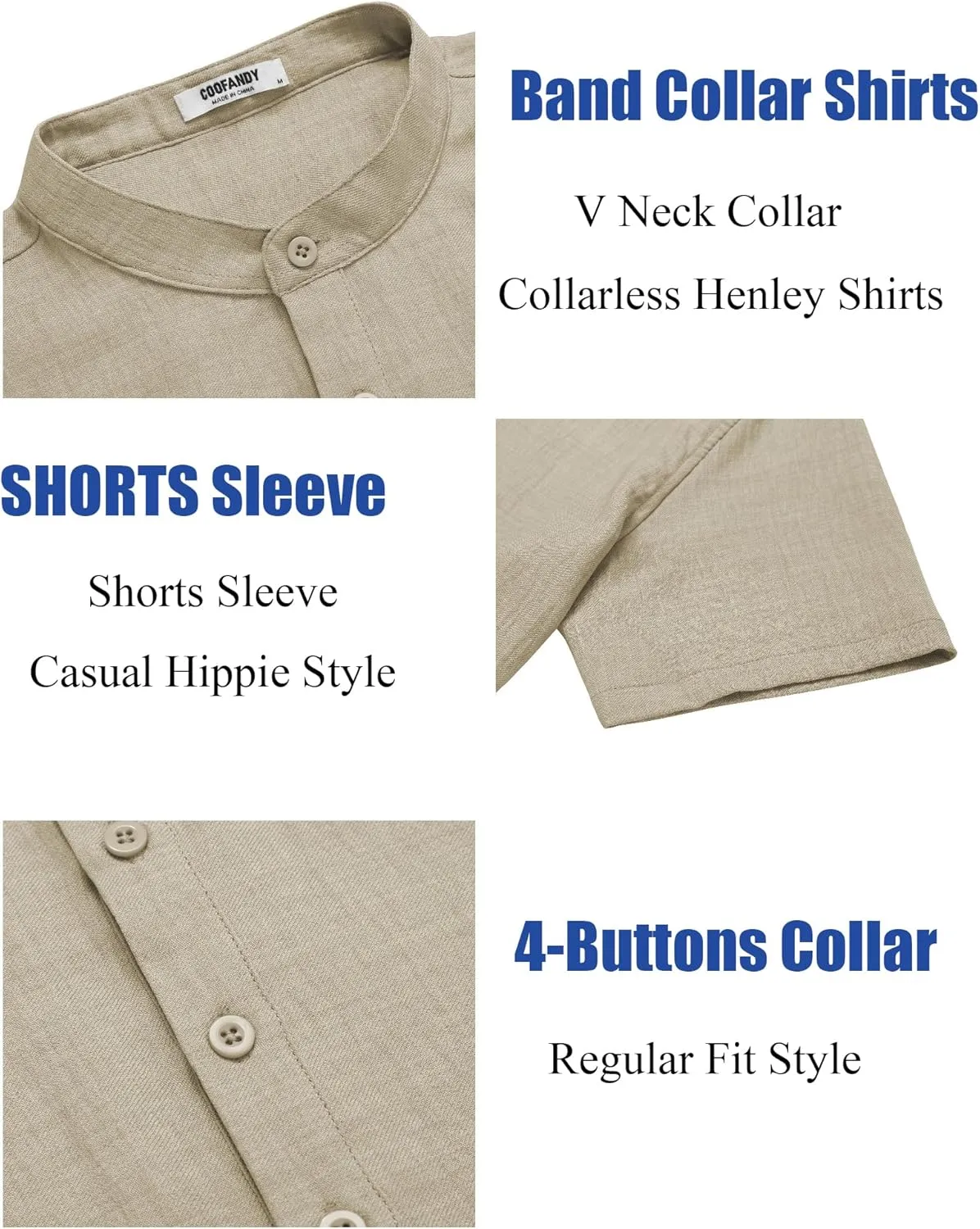 COOFANDY Men's Casual Henley Shirt Short Sleeve Summer Shirts Linen Band Collar Summer Beach Hippie T-Shirts