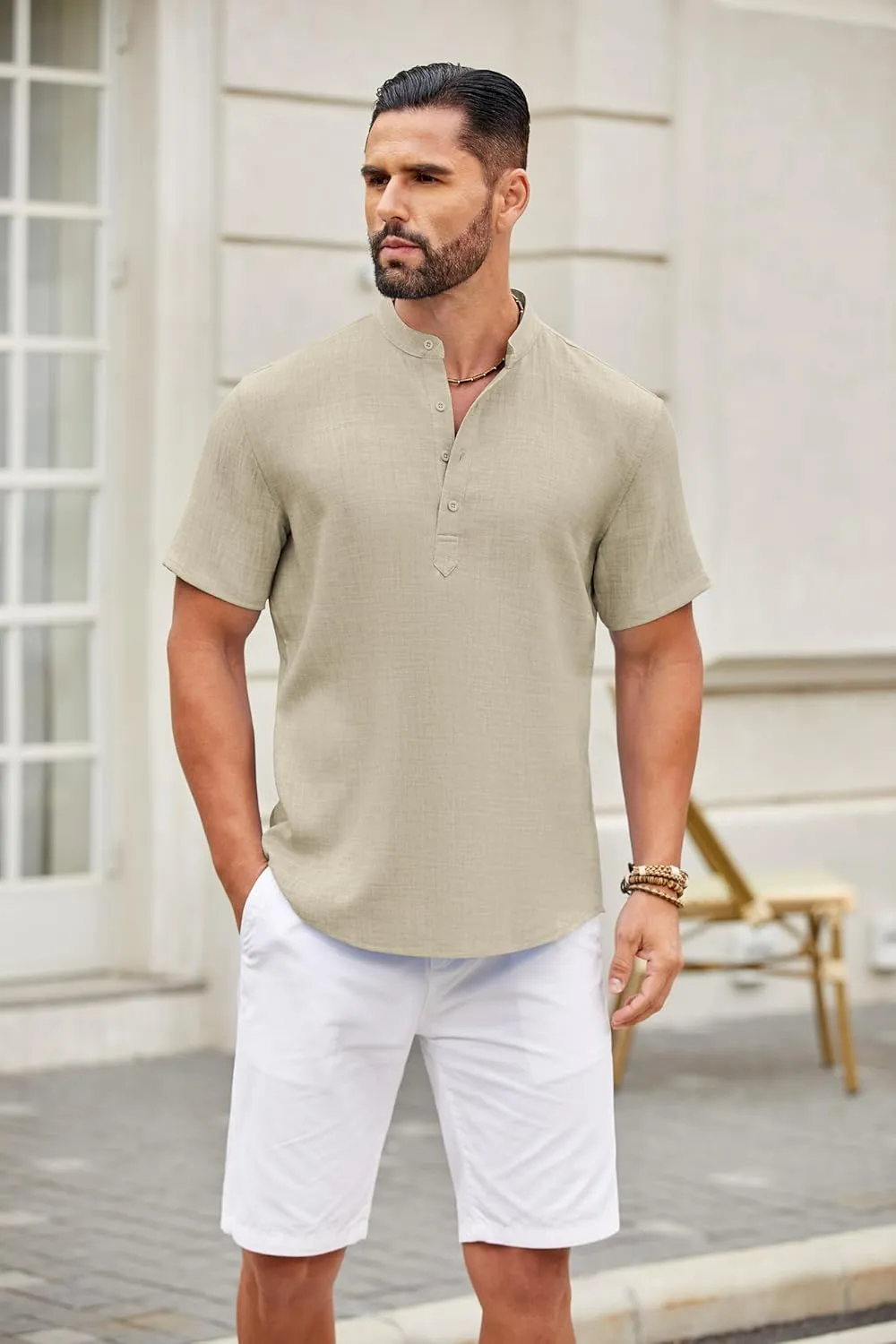 COOFANDY Men's Casual Henley Shirt Short Sleeve Summer Shirts Linen Band Collar Summer Beach Hippie T-Shirts