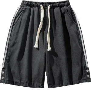 JEsilunmaMY Drawstring Denim Shorts for Men Elastic Waist Relaxed Fit Stripe Jean Shorts Casual Loose Straight Denim Shorts
