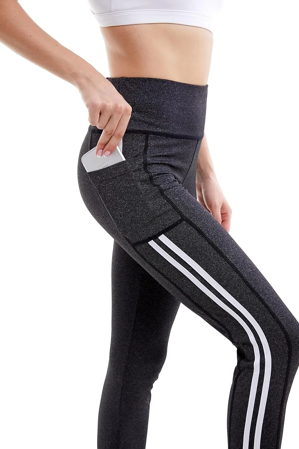 Jvini Women's High Waist Sporty Leggings with Tech Pockets - Striped Sport Yoga Workout Tight Pants