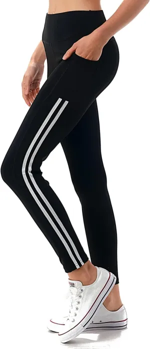Jvini Women's High Waist Sporty Leggings with Tech Pockets - Striped Sport Yoga Workout Tight Pants