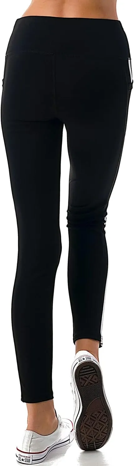 Jvini Women's High Waist Sporty Leggings with Tech Pockets - Striped Sport Yoga Workout Tight Pants