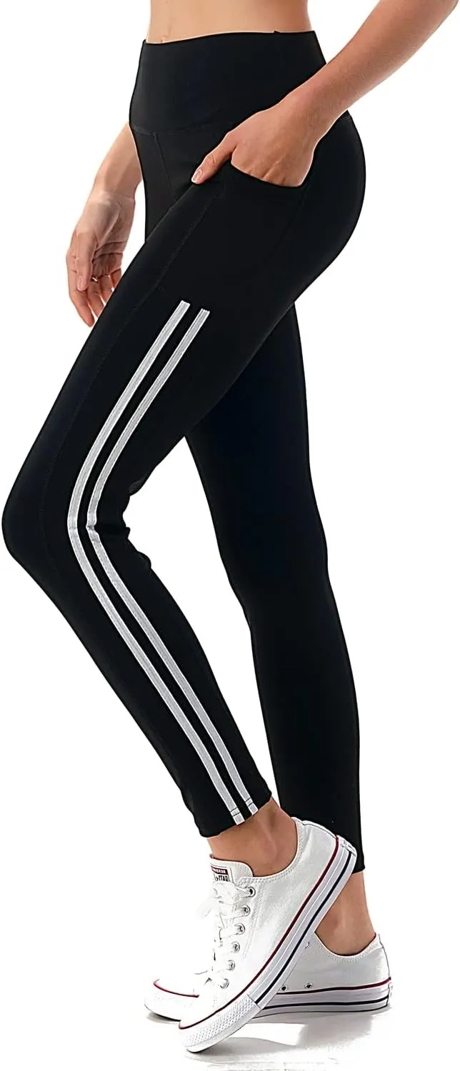 Jvini Women's High Waist Sporty Leggings with Tech Pockets - Striped Sport Yoga Workout Tight Pants
