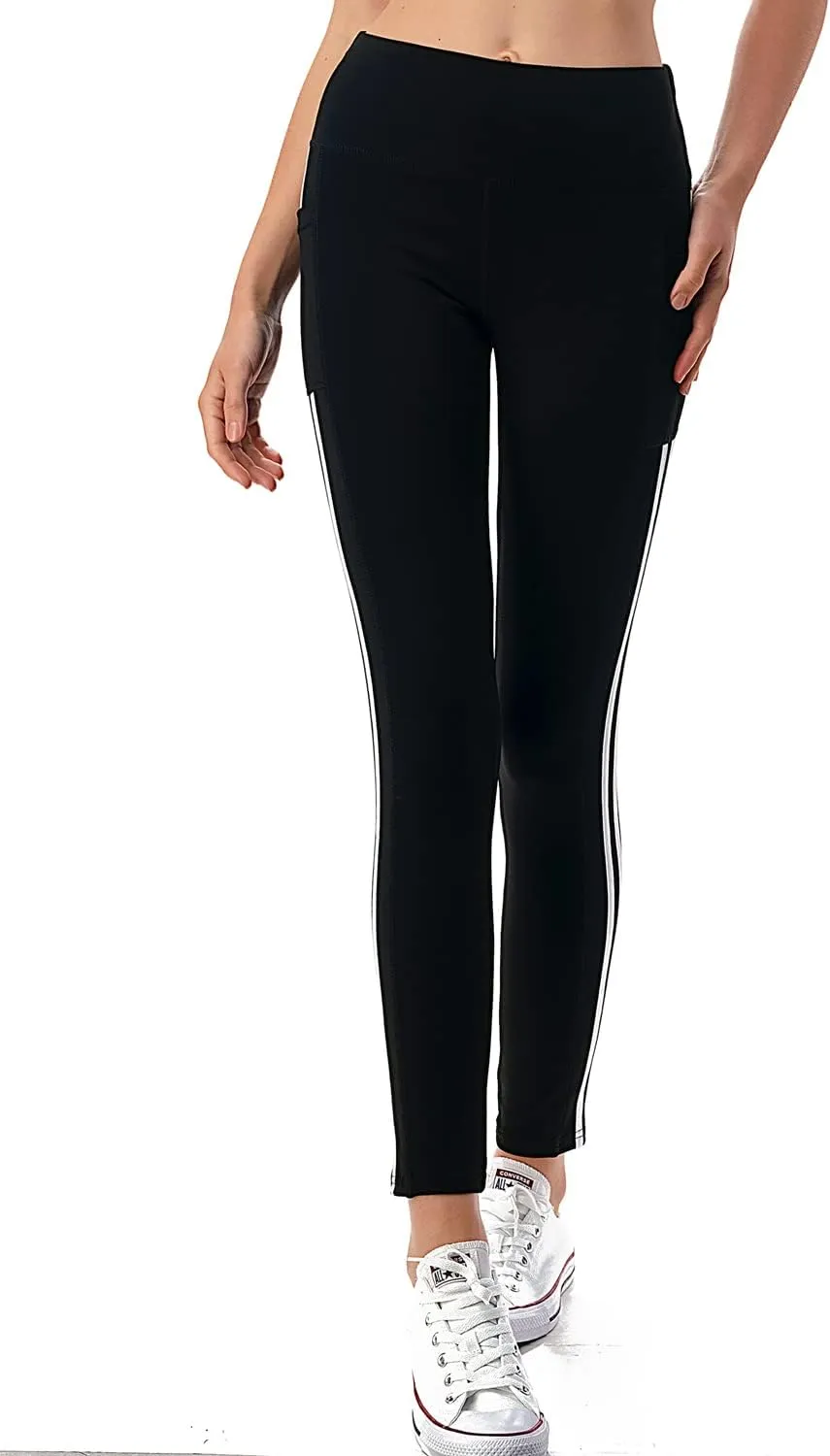 Jvini Women's High Waist Sporty Leggings with Tech Pockets - Striped Sport Yoga Workout Tight Pants