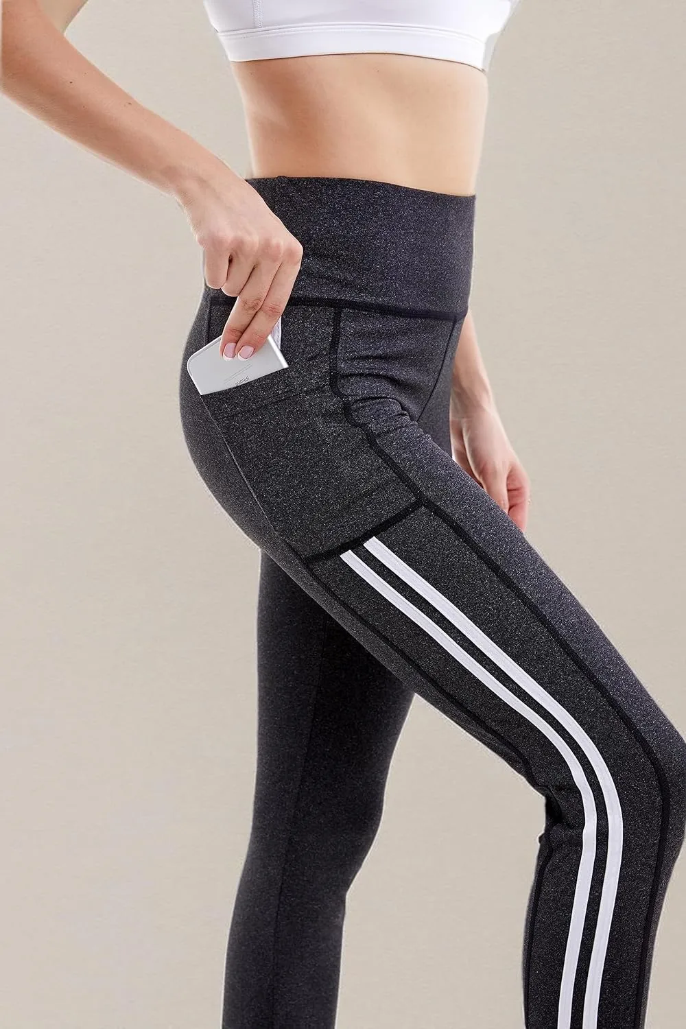 Jvini Women's High Waist Sporty Leggings with Tech Pockets - Striped Sport Yoga Workout Tight Pants