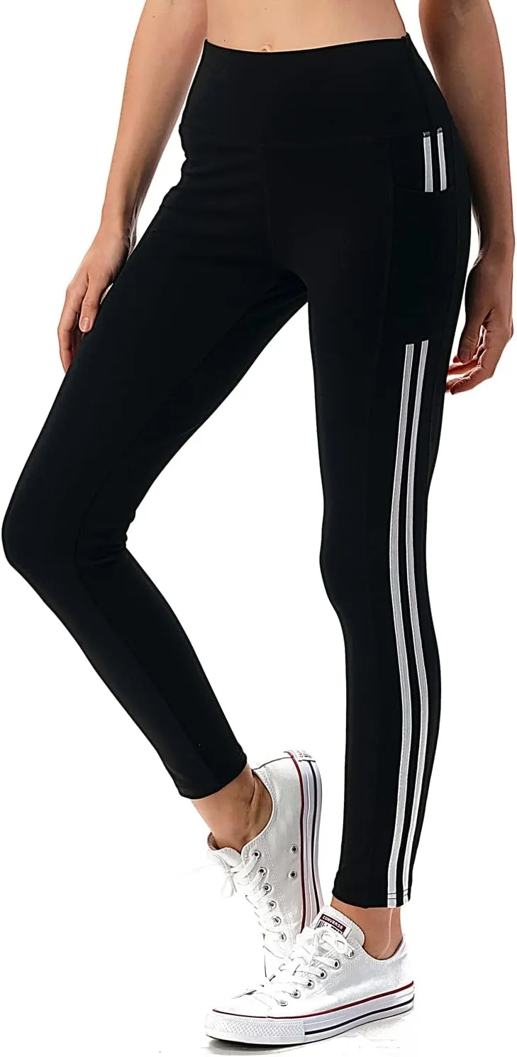 Jvini Women's High Waist Sporty Leggings with Tech Pockets - Striped Sport Yoga Workout Tight Pants
