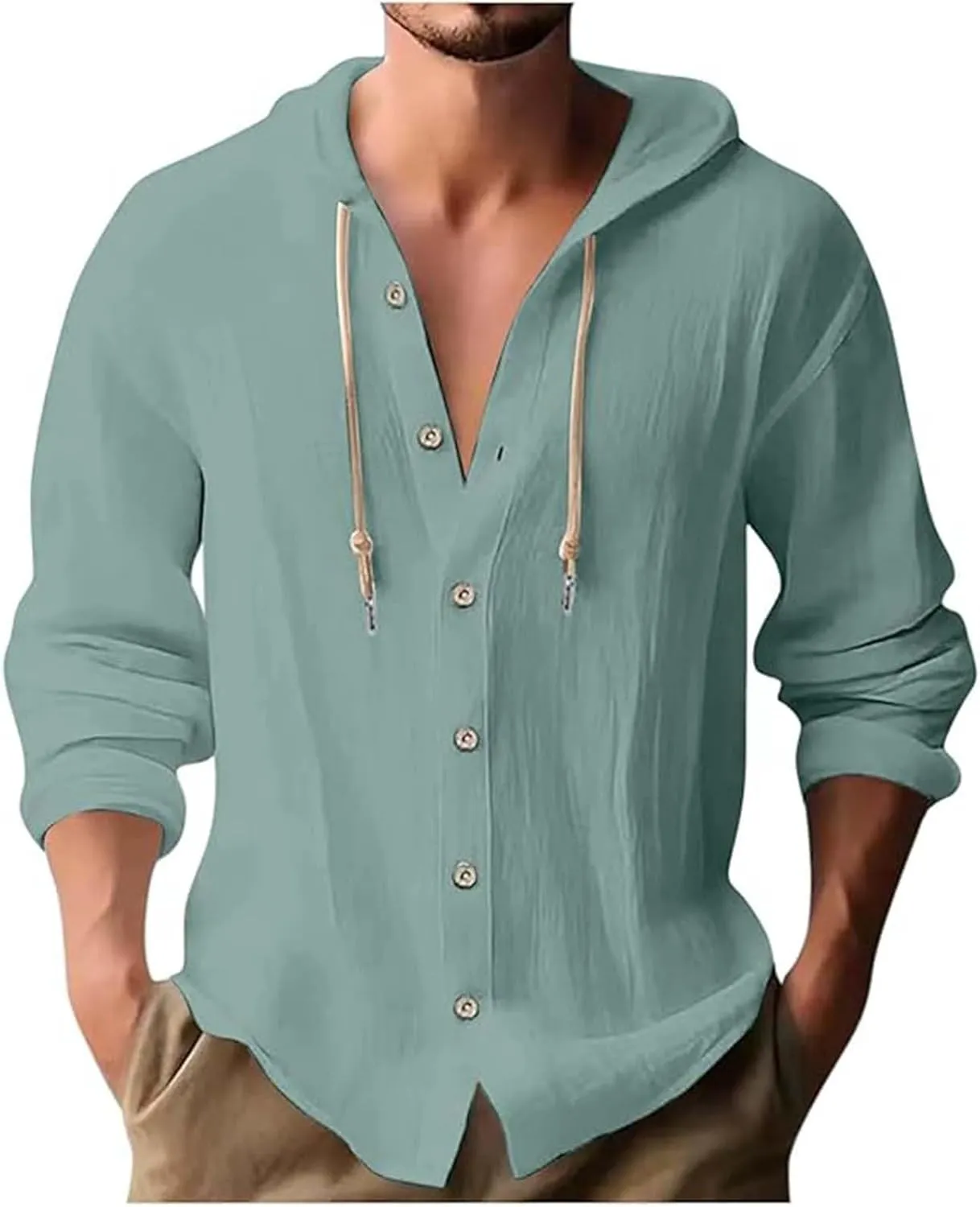 Linen Shirts for Men Lightweight Hoodie 2025 Long Sleeve Loose Fit Breathable Sports Button Big Tall Party Tops