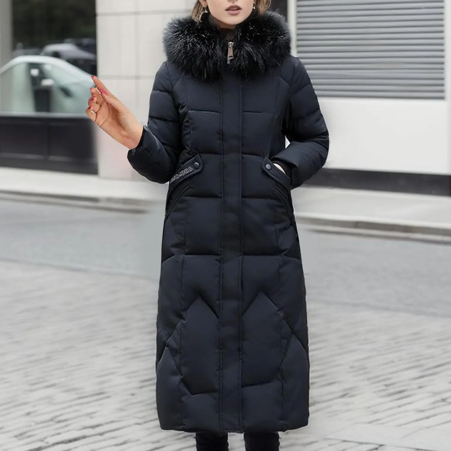 Long Winter Coats for Women with Fur Hood, Heavyweight Full Length Maxi Puffer Long Coat Quilted Outerwear