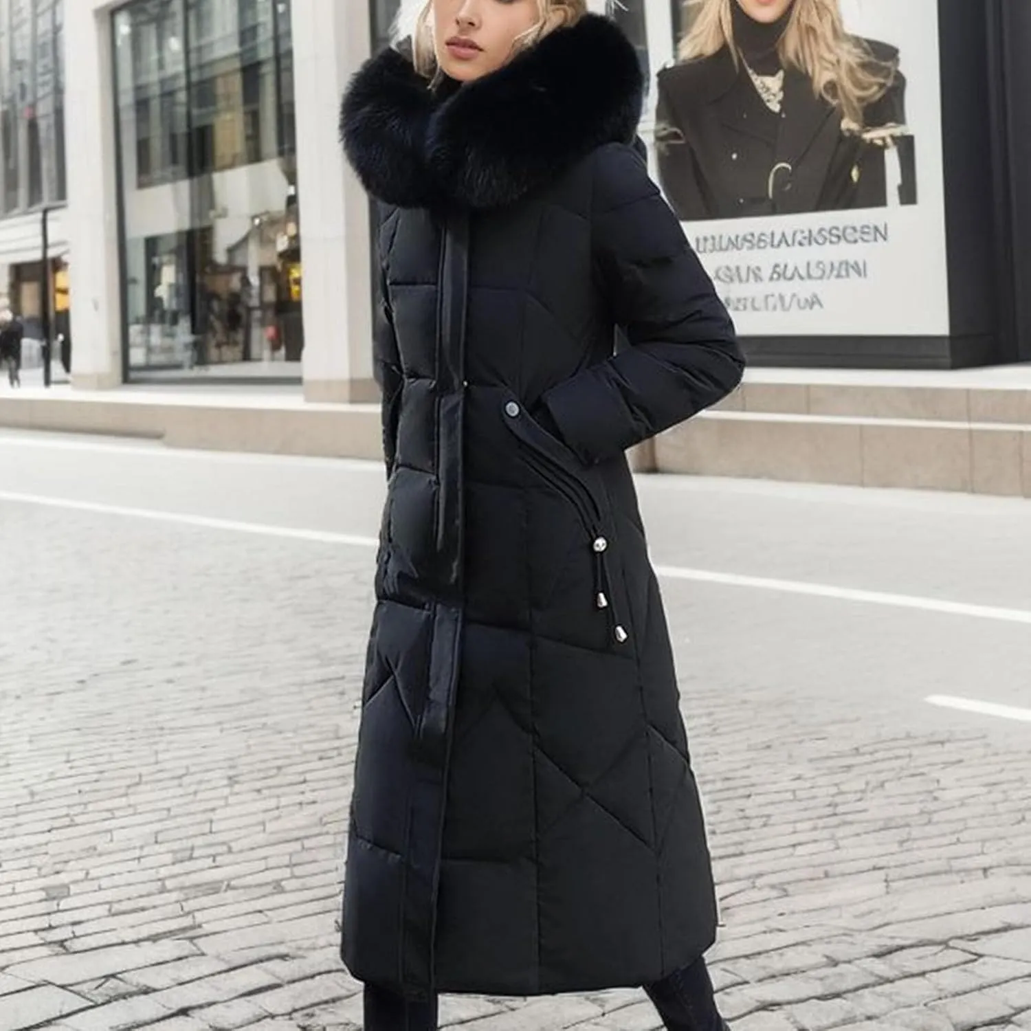 Long Winter Coats for Women with Fur Hood, Heavyweight Full Length Maxi Puffer Long Coat Quilted Outerwear