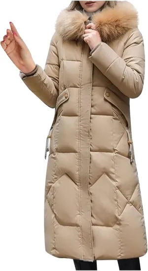 Long Winter Coats for Women with Fur Hood, Heavyweight Full Length Maxi Puffer Long Coat Quilted Outerwear