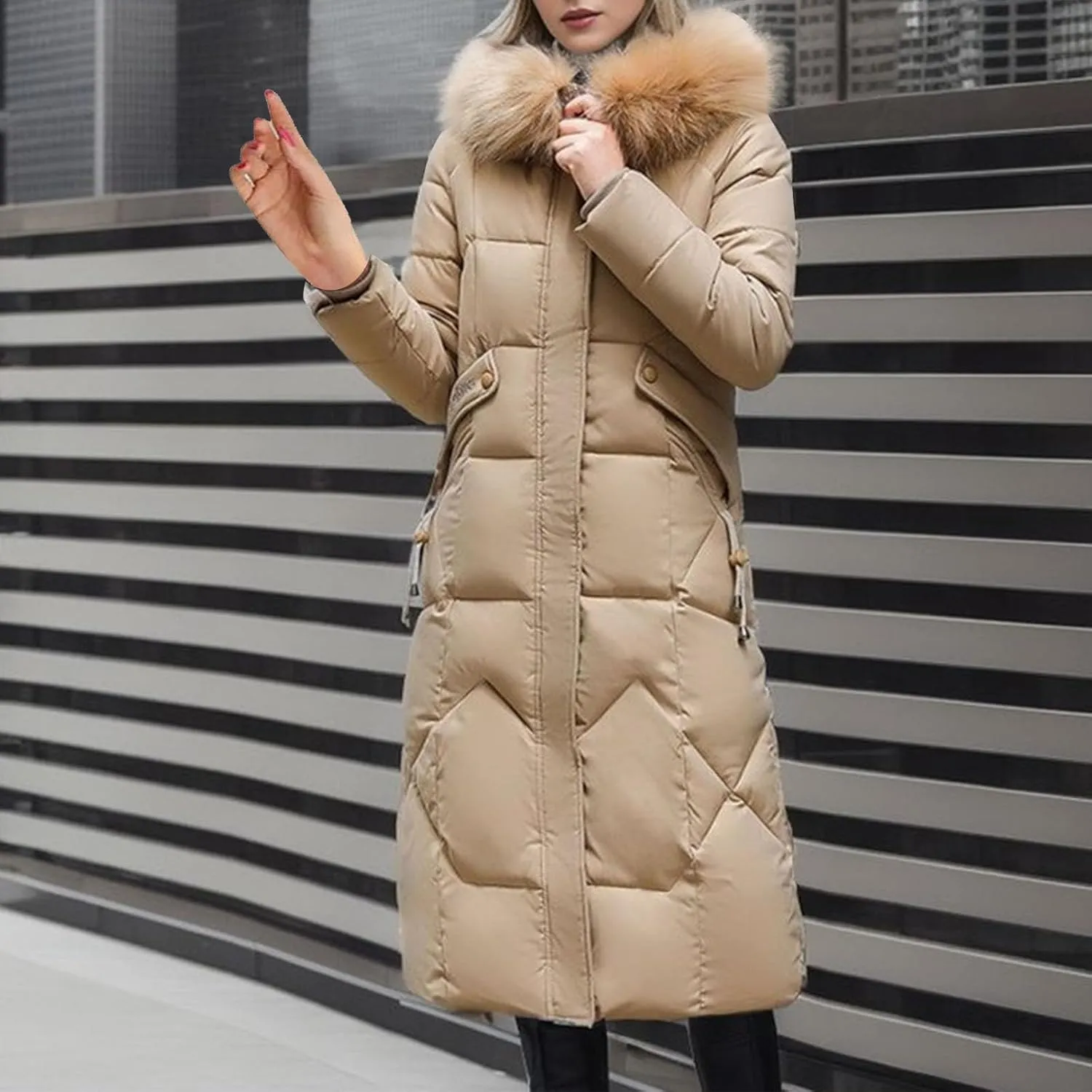 Long Winter Coats for Women with Fur Hood, Heavyweight Full Length Maxi Puffer Long Coat Quilted Outerwear