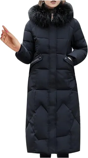 Long Winter Coats for Women with Fur Hood, Heavyweight Full Length Maxi Puffer Long Coat Quilted Outerwear