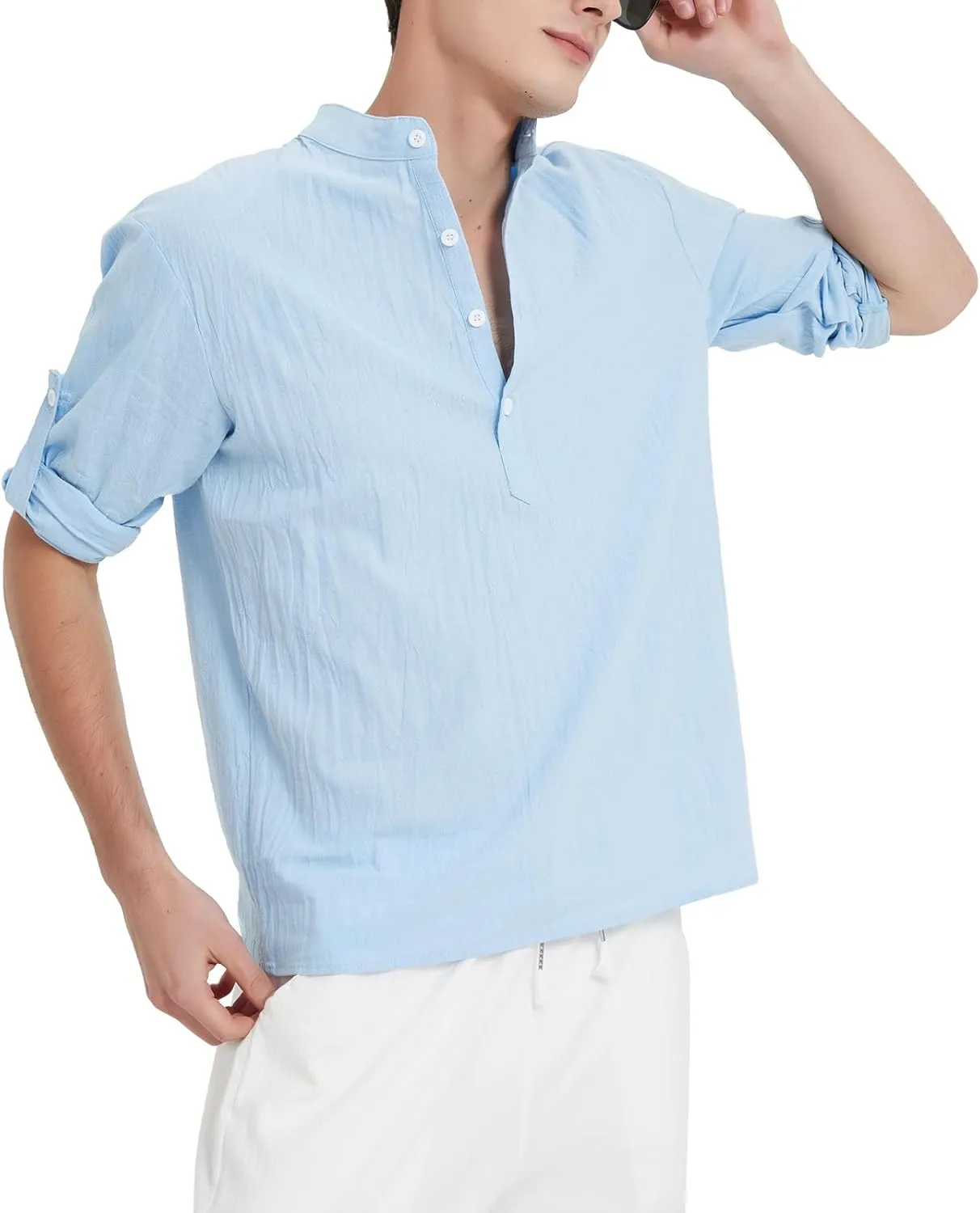 Men's Casual Henley Shirt Cotton Linen Shirts Long Sleeve Hippie Beach T-Shirt