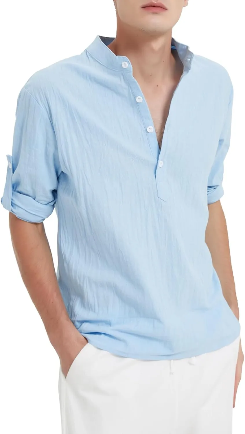 Men's Casual Henley Shirt Cotton Linen Shirts Long Sleeve Hippie Beach T-Shirt