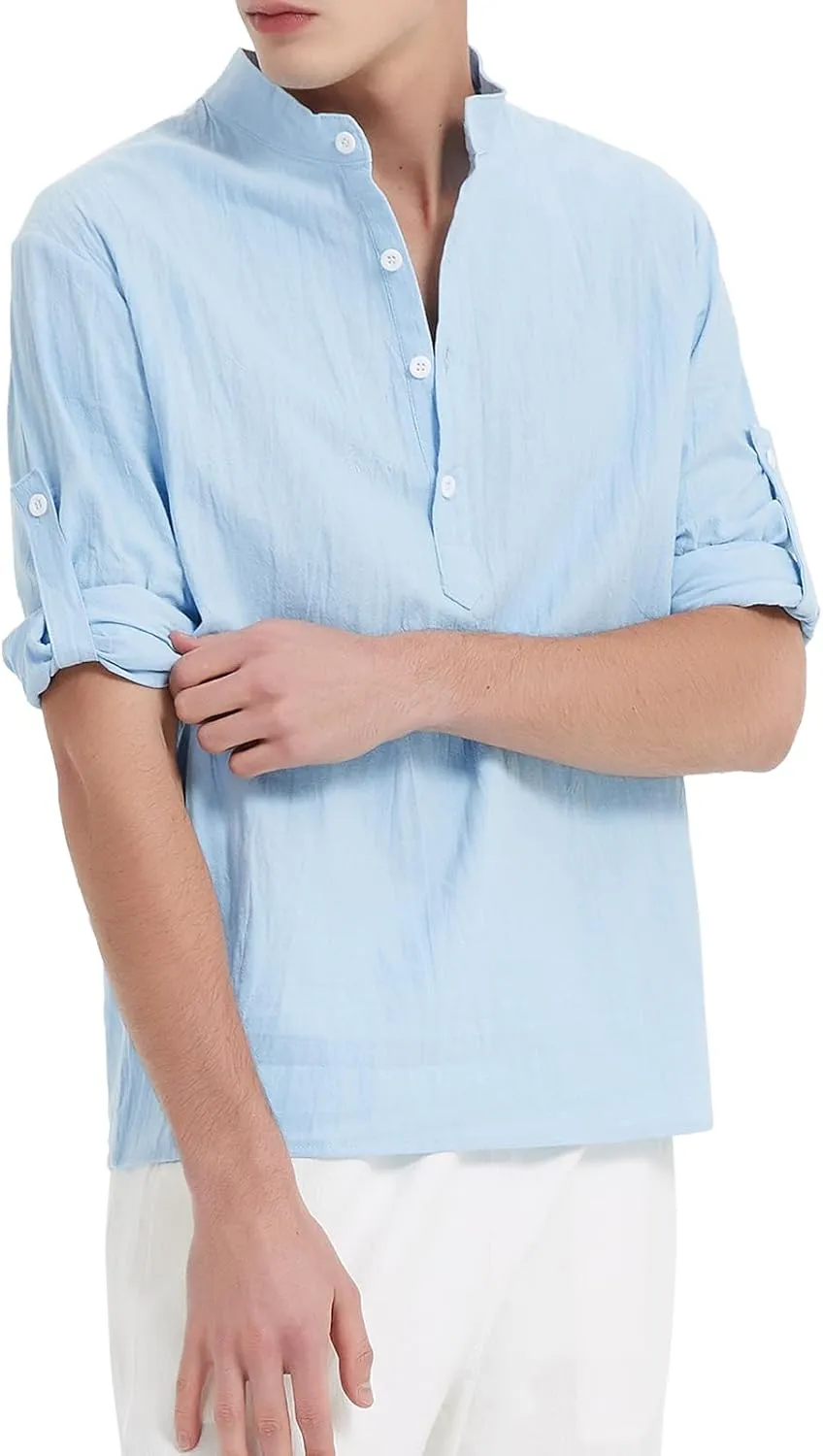 Men's Casual Henley Shirt Cotton Linen Shirts Long Sleeve Hippie Beach T-Shirt
