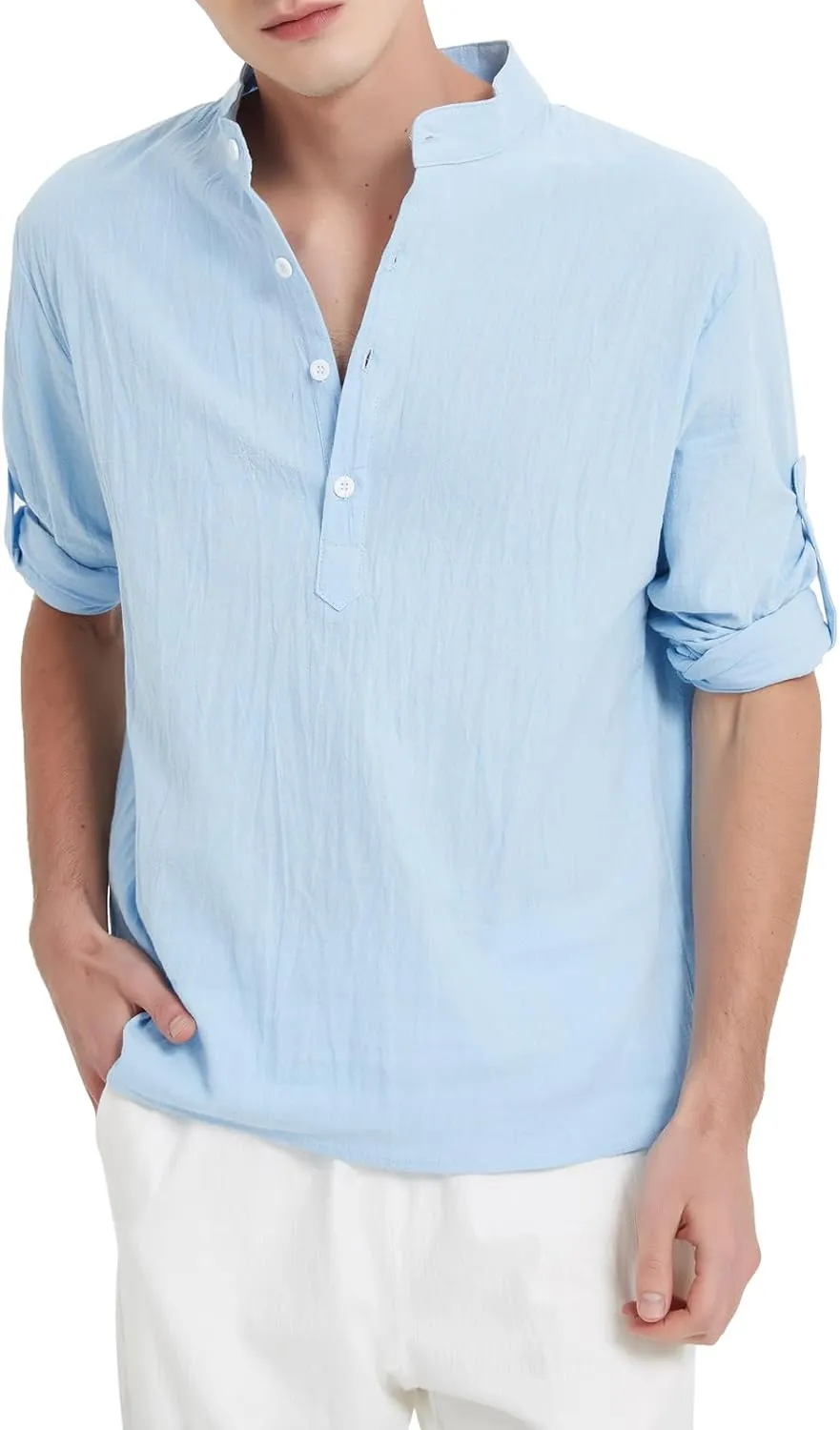Men's Casual Henley Shirt Cotton Linen Shirts Long Sleeve Hippie Beach T-Shirt