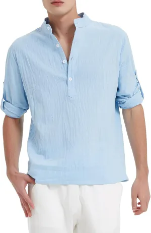 Men's Casual Henley Shirt Cotton Linen Shirts Long Sleeve Hippie Beach T-Shirt