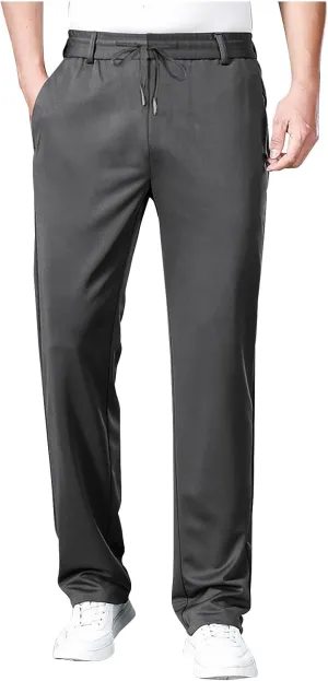 Mens Front Flat Casual Dress Pants Fashion Slim Fit Elastic Waist Stretch Trousers Work Office Slacks with Pockets