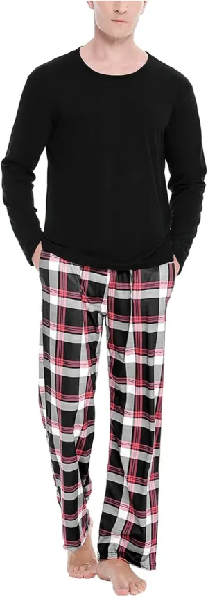 Mens Pajama Pants Men's Flannel-Fleece Long Sleeve Top and Pant Sleep Set Men's Jersey Flannel Sleep Lounge Pajama Set Black