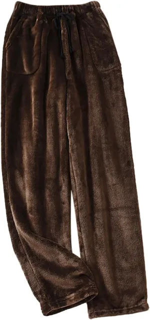 Mens Solid Flannel Pajamas Pants Elastic Waist Comfort Lounge Sleep Pants Soft Drawstring Pockets PJ Bottoms Trousers