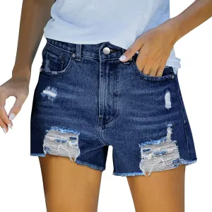 Shorts for Women Denim Trendy Mid Waisted Stretchy Vintage Shorts Jeans Plain Color Frayed Hem Slim Shorts