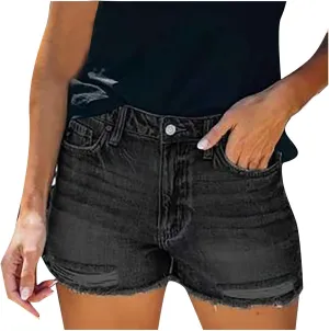 Shorts for Women Denim Trendy Mid Waisted Stretchy Vintage Shorts Jeans Plain Color Frayed Hem Slim Shorts