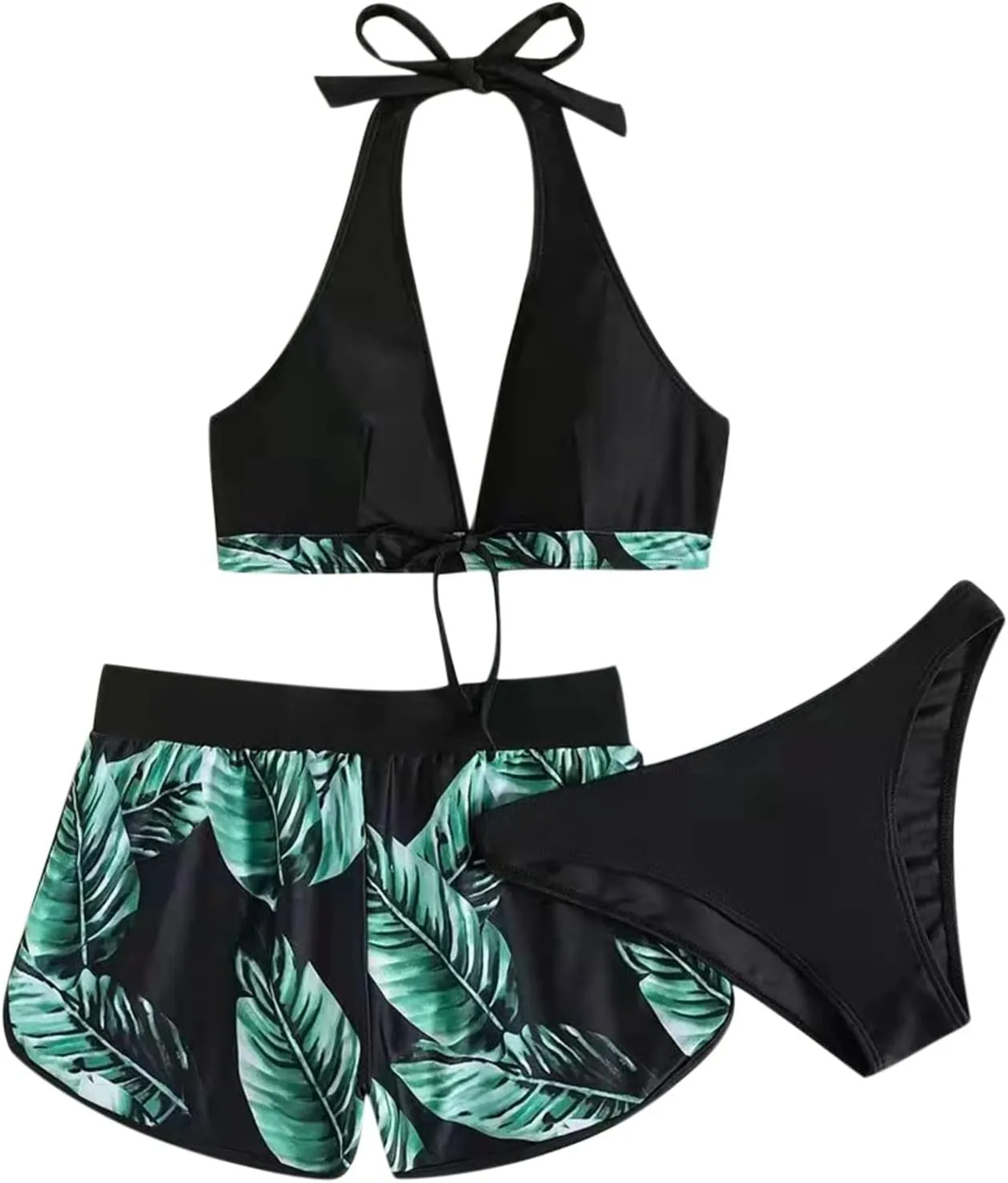 Women Halter Top Floral Swim Shorts Bikini Set Tropical 2 Piece Swimsuits Athletic Bathing Suit Beach Sporty Swimwear