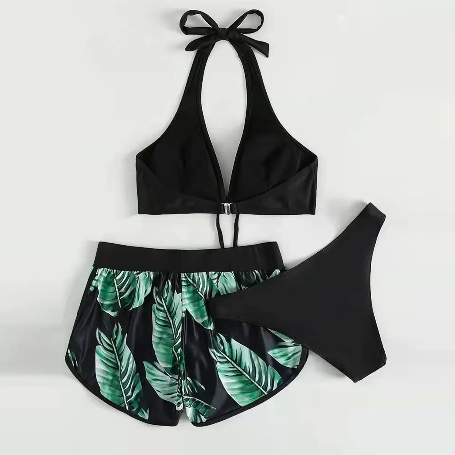 Women Halter Top Floral Swim Shorts Bikini Set Tropical 2 Piece Swimsuits Athletic Bathing Suit Beach Sporty Swimwear