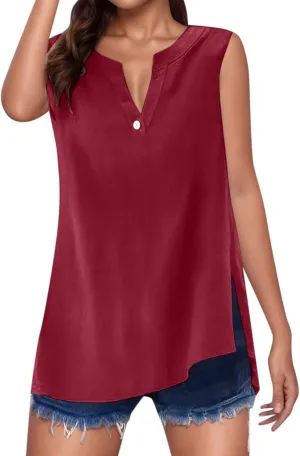 Women's 2025 Summer Tank Top V Neck Sleeveless Button Down T Shirts Trendy Lightweight Casual Loose Side Slit Tops