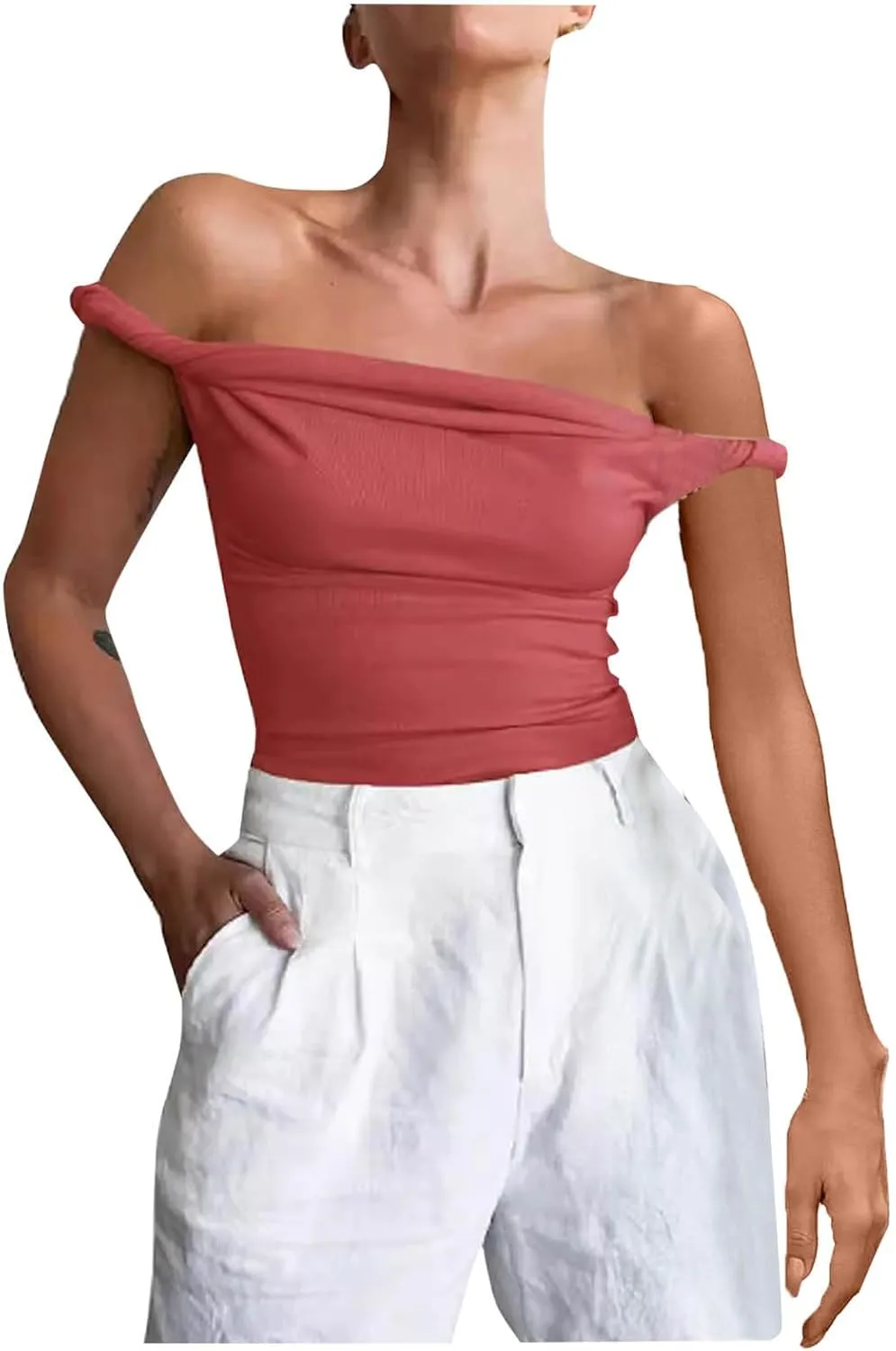Women's Off Shoulder Crop Tops 2025 Summer Sleeveless Slim Stretchy Casual T Shirts Y2k Trendy Going Out Tank Tops