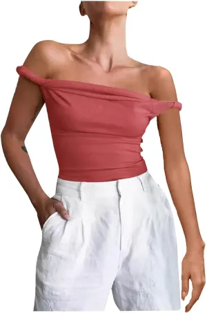 Women's Off Shoulder Crop Tops 2025 Summer Sleeveless Slim Stretchy Casual T Shirts Y2k Trendy Going Out Tank Tops